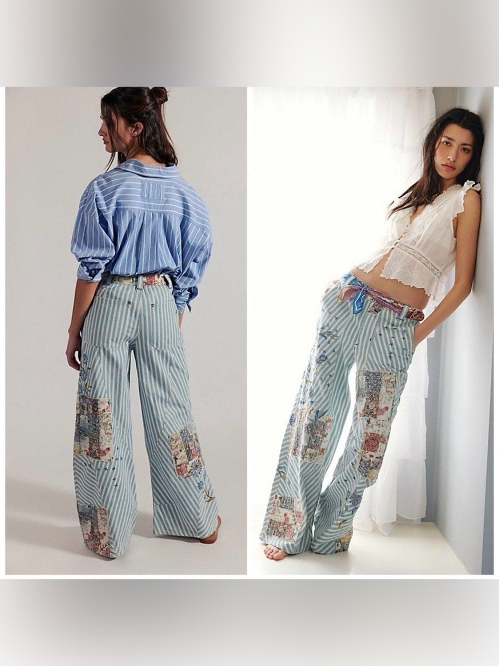 Free People Runyon Parched Craft Pants Striped Blue Ivory Floral Sz 6 Patchwork